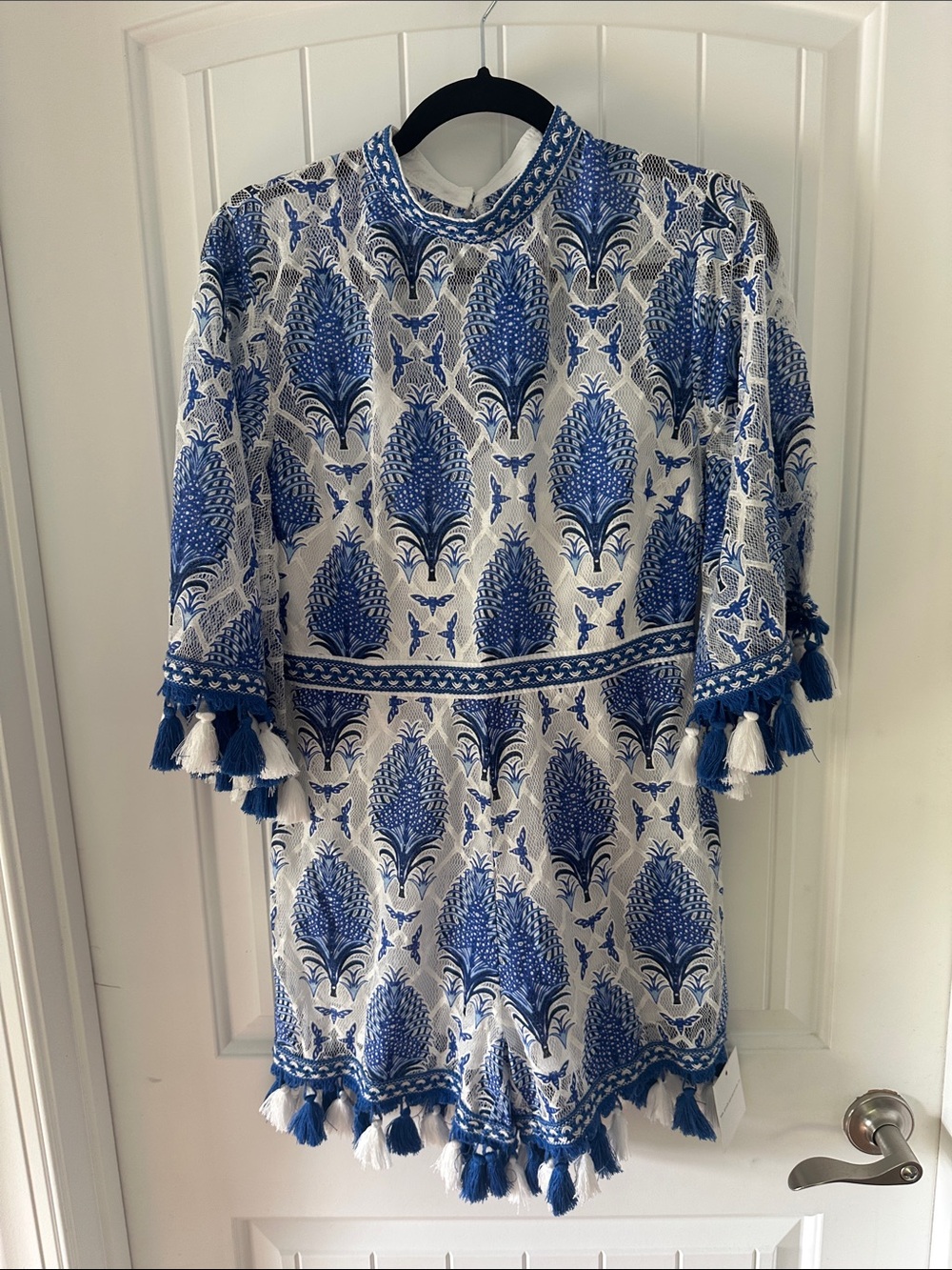 Goodnight Macaroon Blue & White Tassel-Trim romper- NWT